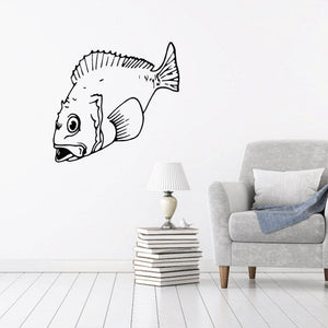 Surprised rock bass wall decal, black line-art fish silhouette