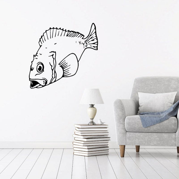 Surprised rock bass wall decal, black line-art fish silhouette