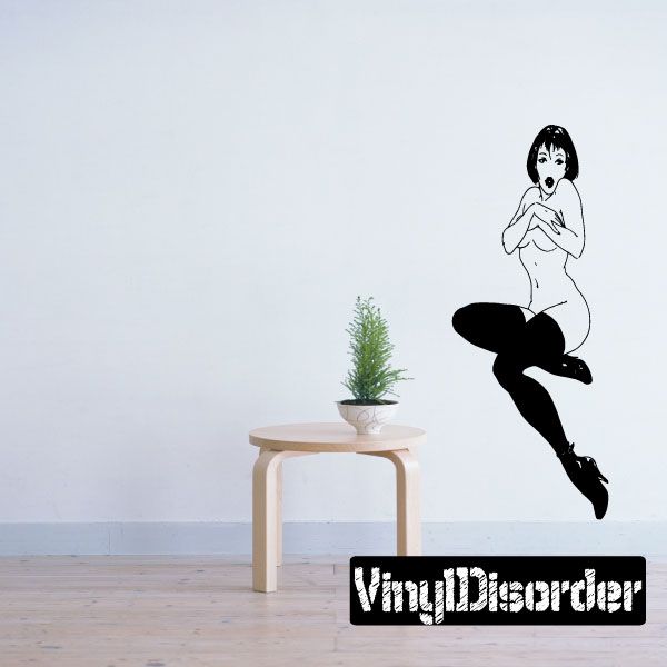 Surprised sitting woman in nylon legs vinyl decal, black and white style