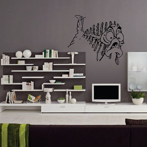 Skeleton fish decal with surprised expression, black outline wall sticker
