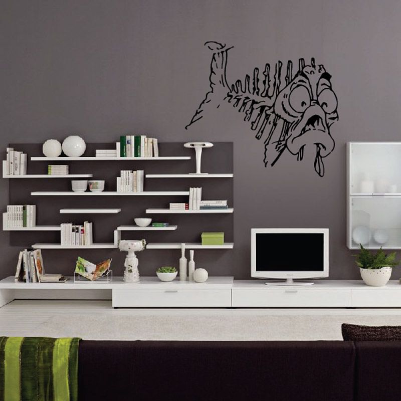 Skeleton fish decal with surprised expression, black outline wall sticker