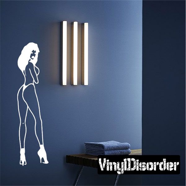 Silhouette woman in heels wall decal, white line art