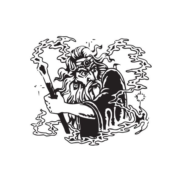 Surprised wizard decal with black line-art figure, raised hands, ornate beard.