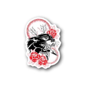 Vinyl sticker of black skull with red roses and barbed wire