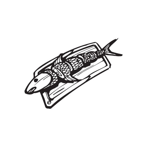 Sushi on cutting board decal with black line-art illustration and knife detail