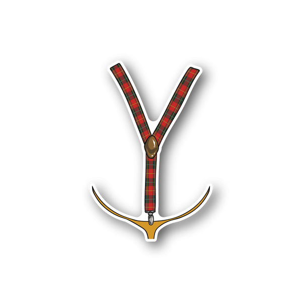 Vinyl sticker shaped like a Y with red tartan straps and a gold clasp