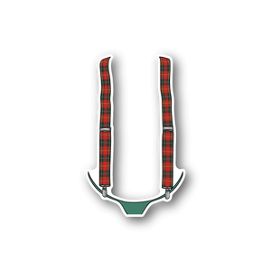 Suspenders vinyl sticker with red and green plaid straps and white outlines
