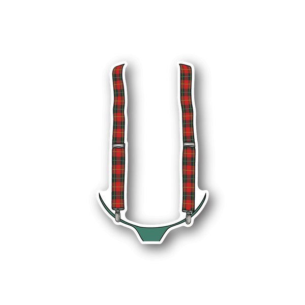 Suspenders vinyl sticker with red and green plaid straps and white outlines