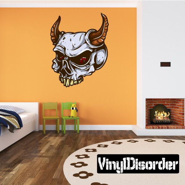 Horned skull sticker with red eyes and cracked white skull design