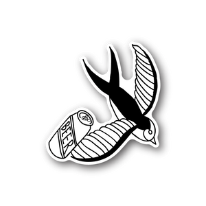 Vinyl sticker of swallow with beer mug, white outline on dark