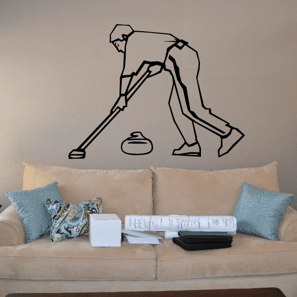 Curling player wall decal with sweeping stick and curling stone icon