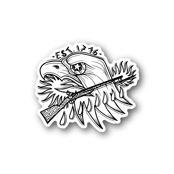 Vinyl sticker with black-and-white gun and eagle-style illustration