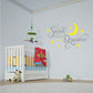 Sweet Dreams moon wall decal with crescent moon, stars, and hanging charm details