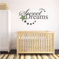 Sweet Dreams wall decal with star and dot pattern, die-cut printed lettering