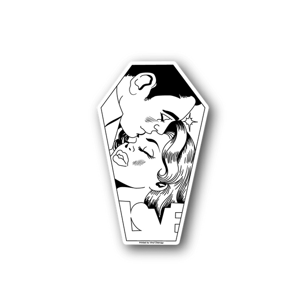 Coffin-shaped vinyl sticker with black-and-white woman and heart illustration