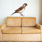 Brown sparrow sticker perched on the back of a light beige sofa