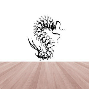 Centipede decal with detailed black line art, curled swerving body and legs