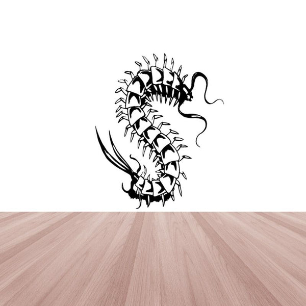 Centipede decal with detailed black line art, curled swerving body and legs