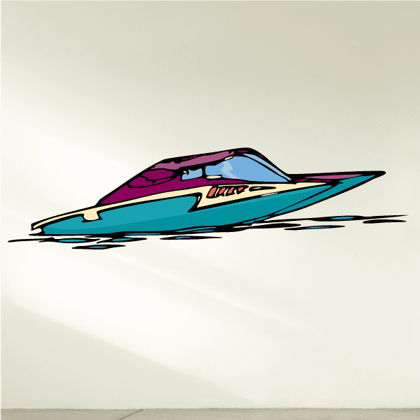 Hydroplane sticker, magenta and teal boat with black outlines and white details