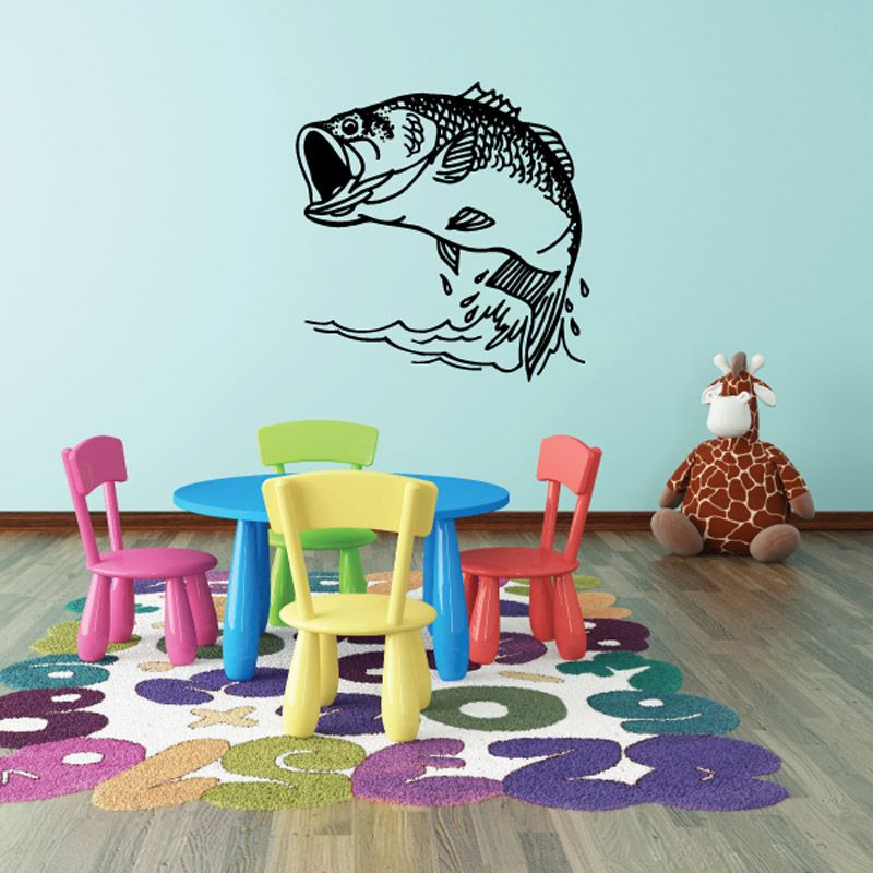 Bass fish wall decal with sketched waves, black line art