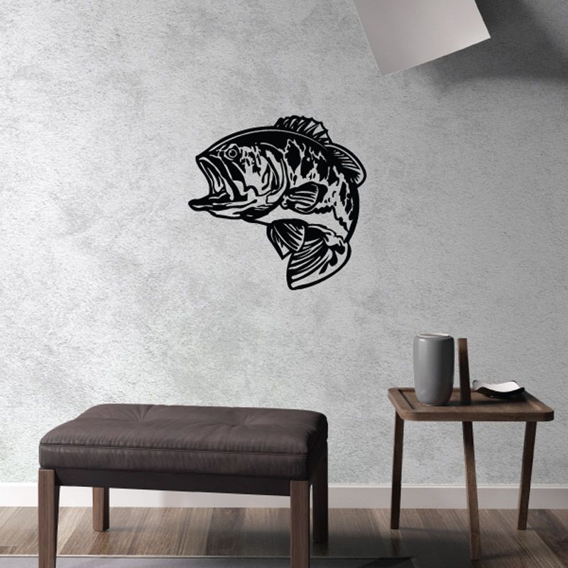 Bass fish wall decal with black illustrated turning fish silhouette