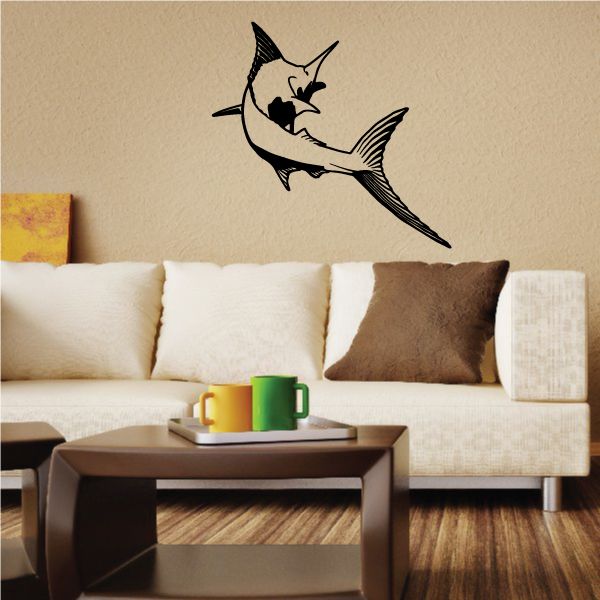 Marlin fish wall decal, black outline swimming graphic