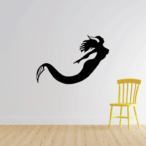 Swimming mermaid silhouette wall decal with flowing hair and curved tail