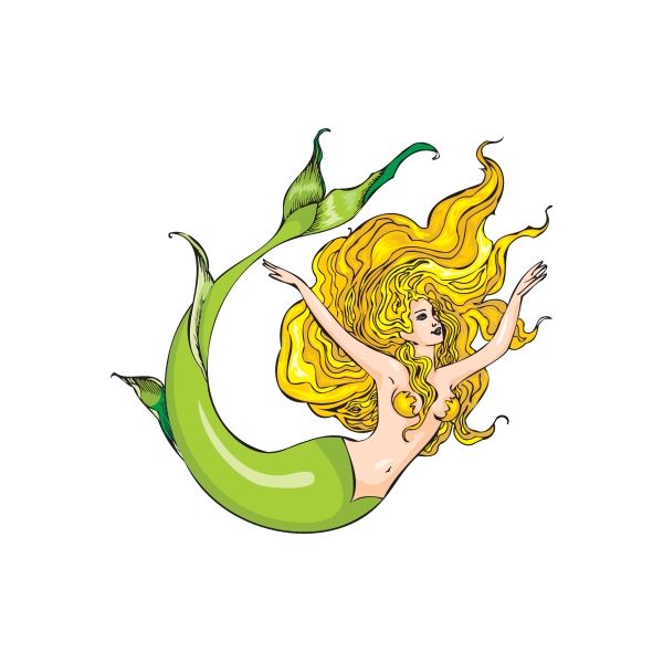 Swimming mermaid sticker with green tail and flowing yellow hair, arms raised