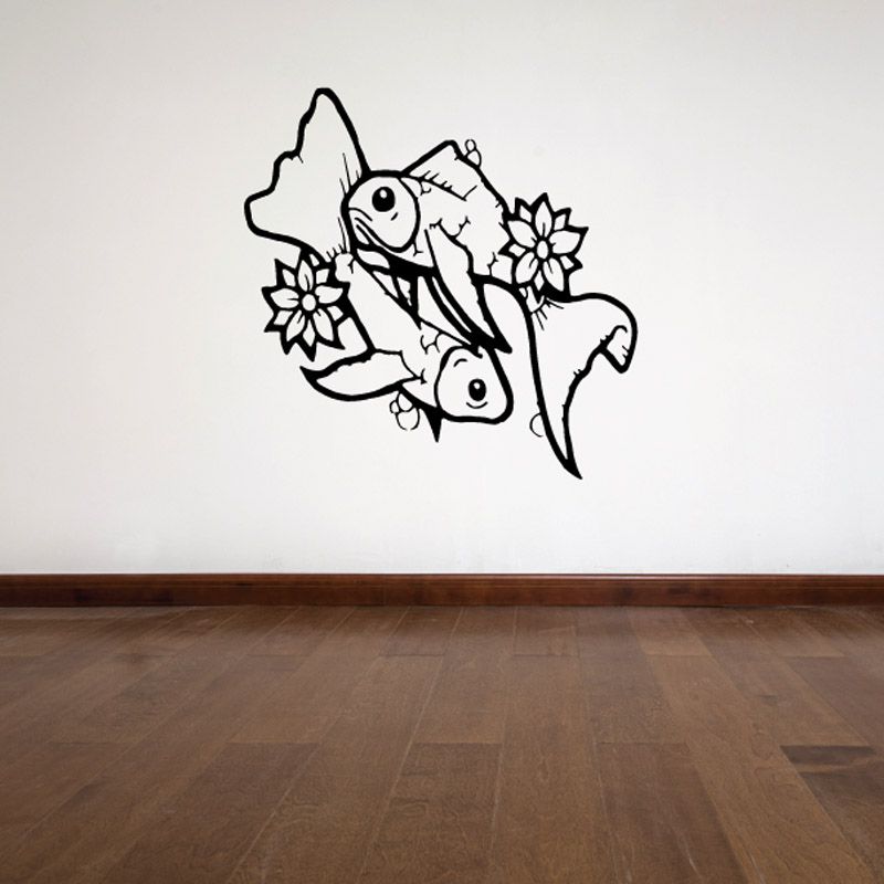 Image of Swimming Opposite Goldfish with Flowers Decal