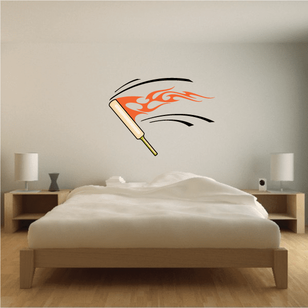 Flaming cricket bat wall decal, orange fire with black bat outline