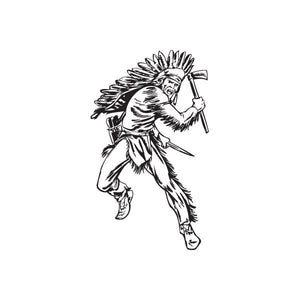Native American headdress decal with warrior holding a staff, black line art