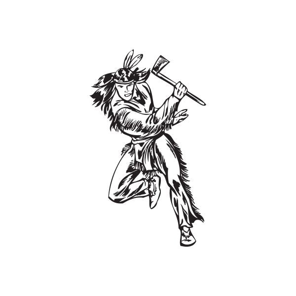 Native American warrior decal with headdress, swinging with an axe in black and white