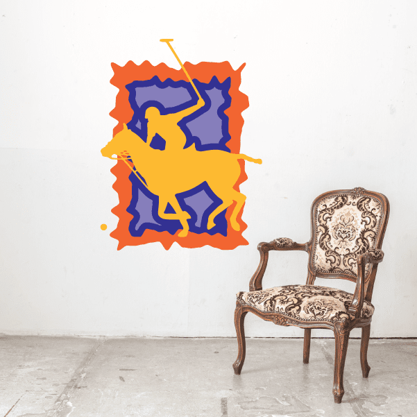 Orange and blue swinging polo player sticker with wavy border and yellow interior