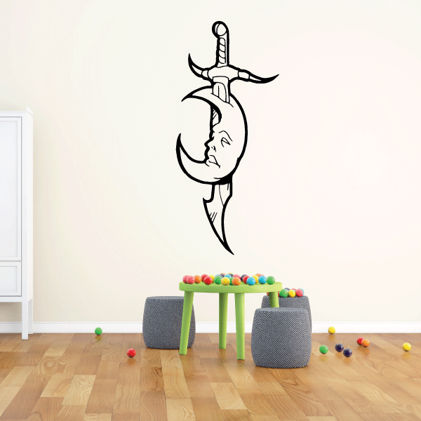 Sword and moon wall decal with ornate dagger and crescent moon, black outline