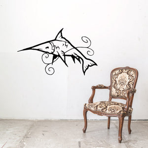 Swordfish and swirl vine wall decal in black