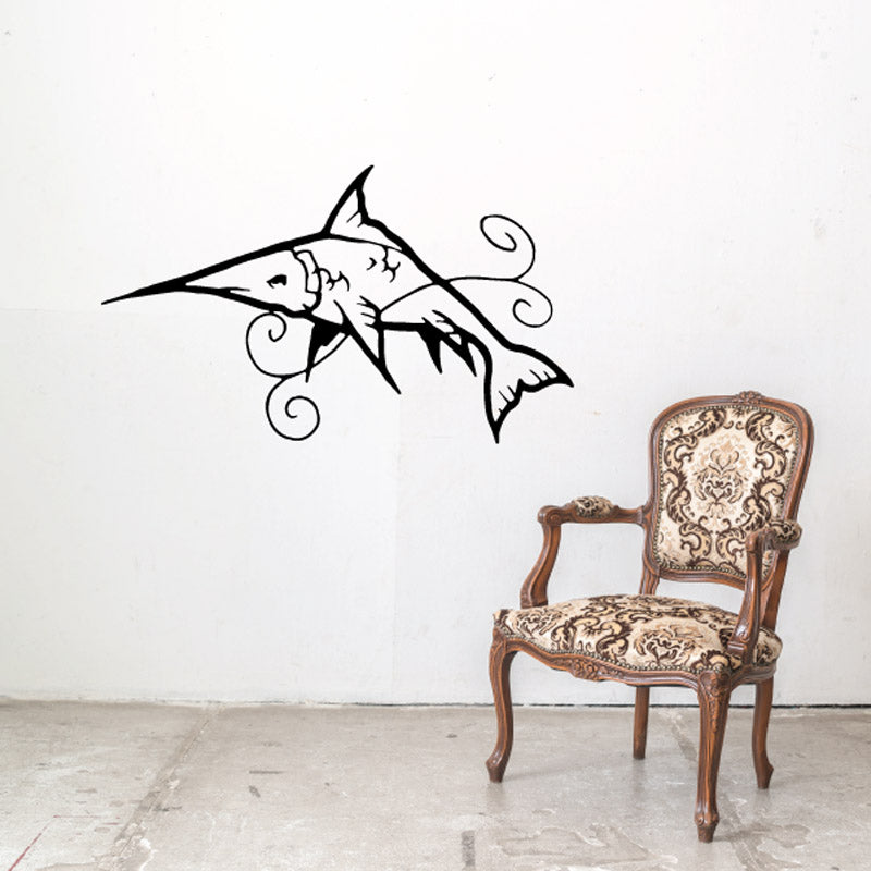 Swordfish and swirl vine wall decal in black