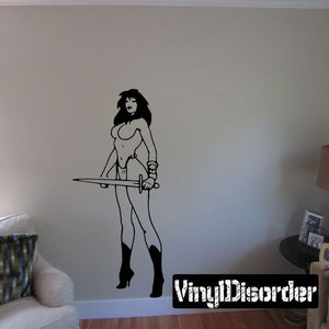 Swordswoman in heels wall decal, black silhouette holding a sword