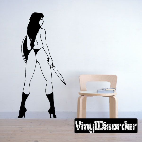 Black swordswoman wall decal with shield and sword silhouette