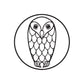 Symmetrical owl in circle decal, black line art with white fill