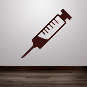 Syringe decal with maroon outline, white barrel and needle tip, measurement lines