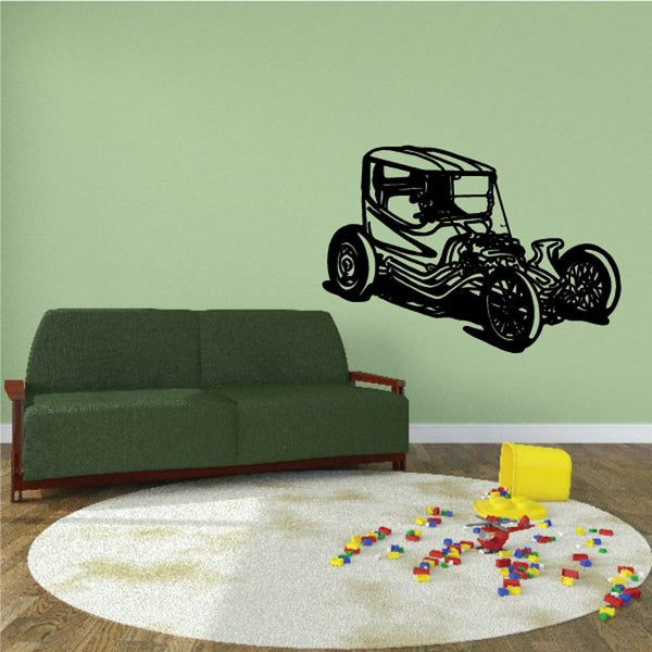 Cartoon T-bucket hot rod wall decal, black line art of a vintage car