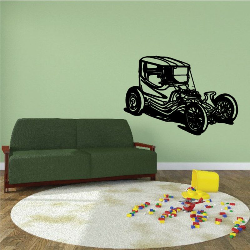 Cartoon T-bucket hot rod wall decal, black line art of a vintage car