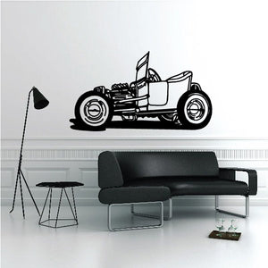 Black T-bucket hot rod wall decal, side view with flag and white outline
