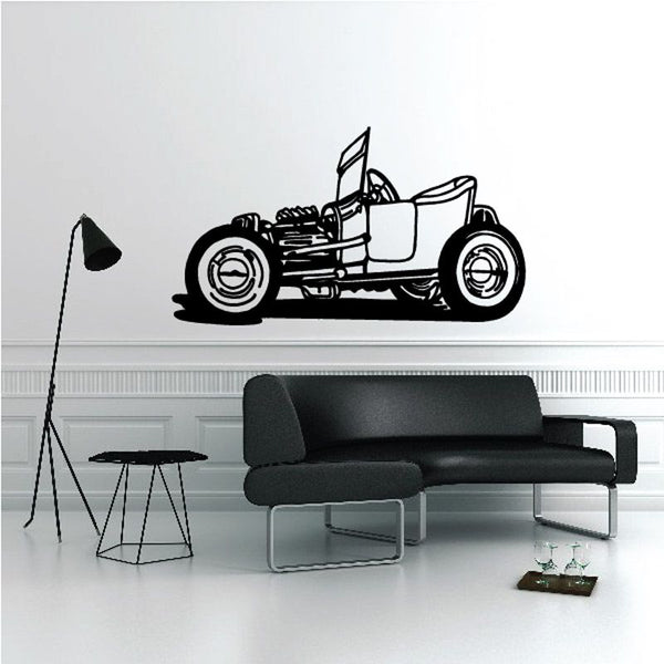 Black T-bucket hot rod wall decal, side view with flag and white outline