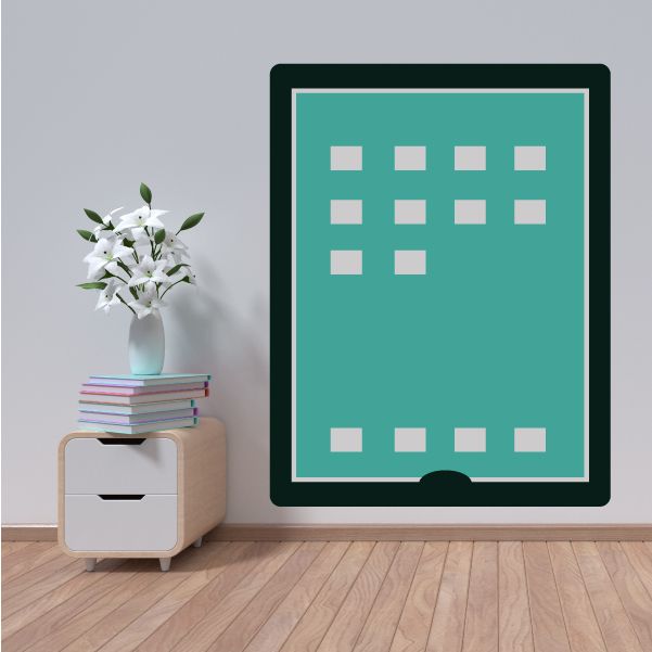 Tablet wall decal, teal screen with white squares and dark frame