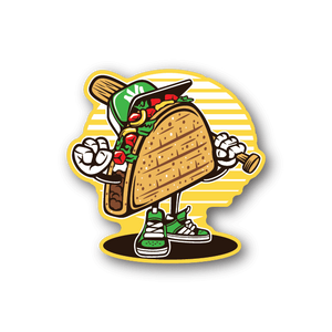 Vinyl taco baseball player sticker with yellow striped background, green uniform and gloves