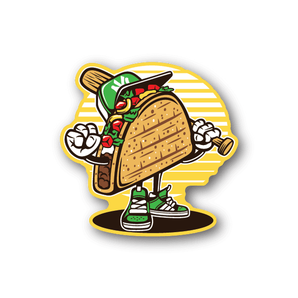Vinyl taco baseball player sticker with yellow striped background, green uniform and gloves