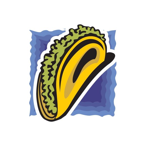 Taco-shaped sticker with green lettuce and yellow shell, bold black outline