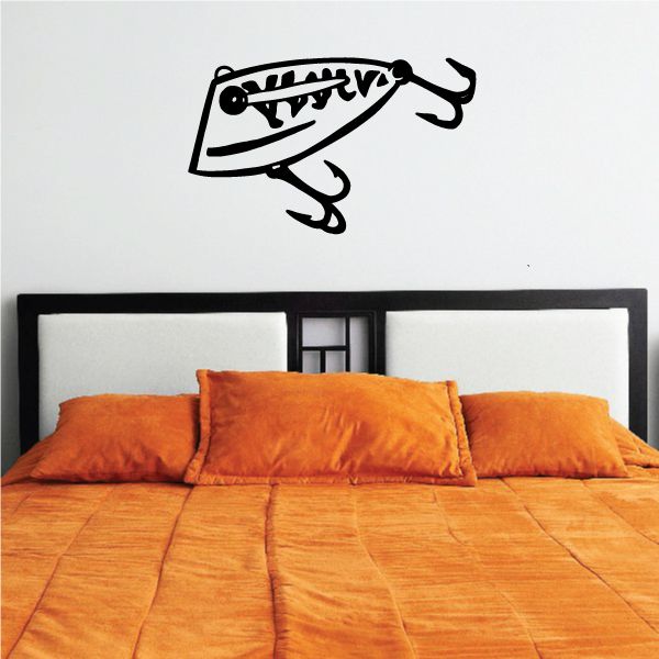 Fishing lure decal with black outline and silver detail, multiple hooks