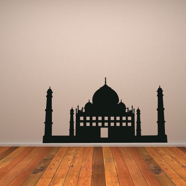 Taj Mahal wall decal, black vinyl silhouette of palace with minarets and dome